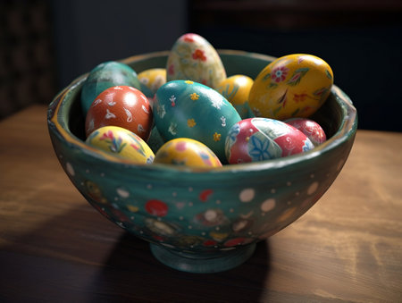 Front view of colourful wax painted easter eggs in bowl on wooden table. dark background. spring holiday. generative aiの素材