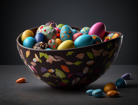 Front view of colourful wax painted easter eggs in bowl on wooden table. dark background. spring holiday. generative aiの素材