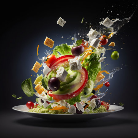 Photo greek salad in dark black studio background. fresh tomato, bread, cucumber, cheese, and onion floating salad. generative aiの素材