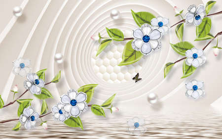 3D wallpaper design with florals for photomural backgroundの写真素材