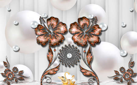3D wallpaper design with florals for photomural backgroundの写真素材