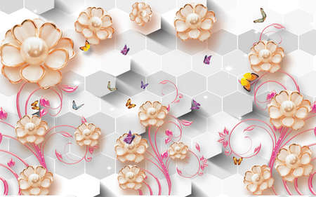 3D wallpaper design with florals for photomural backgroundの写真素材