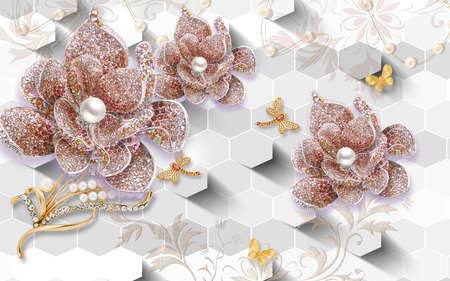 3D wallpaper design with florals for photomural backgroundの写真素材