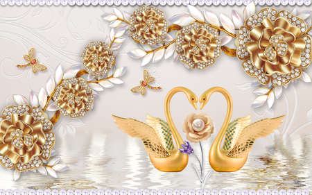 3D wallpaper design with florals for photomural backgroundの写真素材