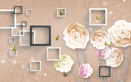3D wallpaper design with florals for photomural backgroundの写真素材