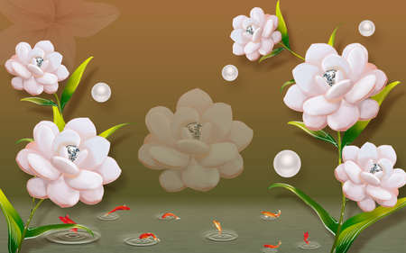 3D wallpaper design with florals for photomural backgroundの写真素材