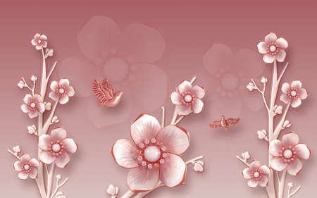 3D wallpaper design with florals for photomural backgroundの写真素材