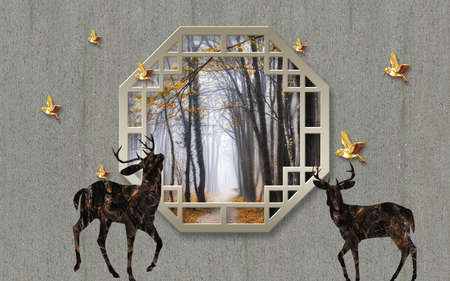 3D wallpaper design with florals for photomural backgroundの写真素材
