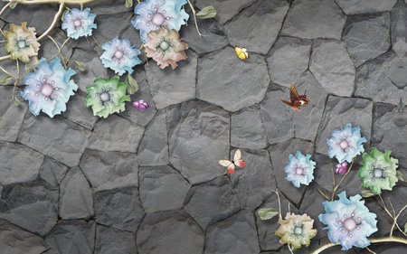 3D wallpaper design with florals for photomural backgroundの写真素材