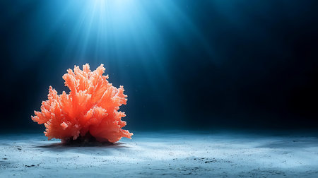 A stunning underwater scene featuring a bright coral formation bathed in soft light, showcasing the beauty and diversity of marine life in deep blue water.
