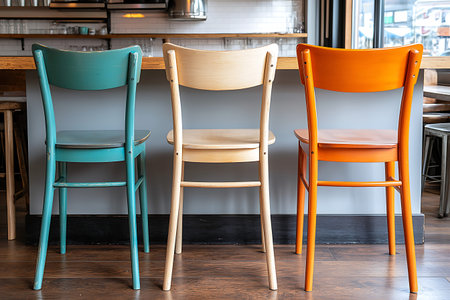 This image features three colorful wooden chairs in a modern cafe setting with large windows and wooden floors, creating a bright and inviting space for dining or socializing.