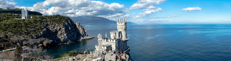 the panorama of the ancient castle on a rock the symbol of the Republic of Crimea on the background of blue sea. Yalta. swallows nestのeditorial素材