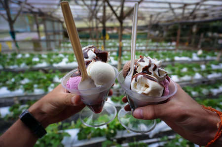 Hands toasting with ice cream.
