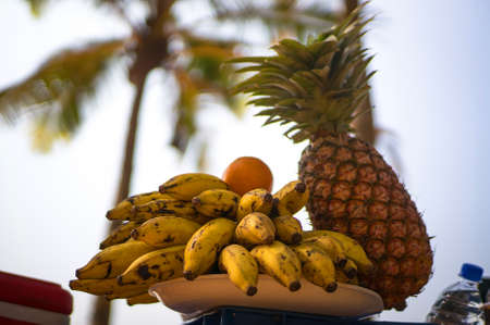 Exotic fruits on a background of palm trees and the shore. A picnic in a tropical country on the beach.の写真素材