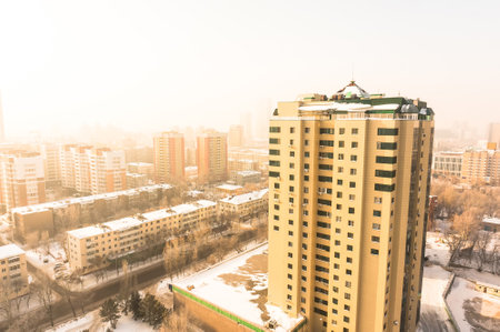 High building in Astana at the background of the city early in the morning. Kazakhstan Real Estate.のeditorial素材