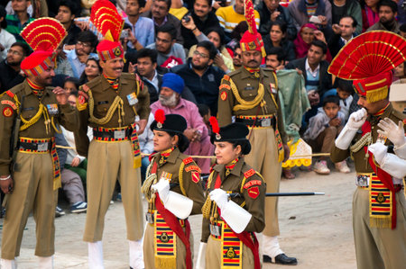 Show the closure of the border between India and Pakistan. Ceremony from India. Wagah, India, March 30, 2017のeditorial素材