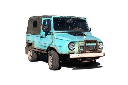 Blue subcompact Soviet old-timer car isolated on white background. Old Soviet Russian jeep