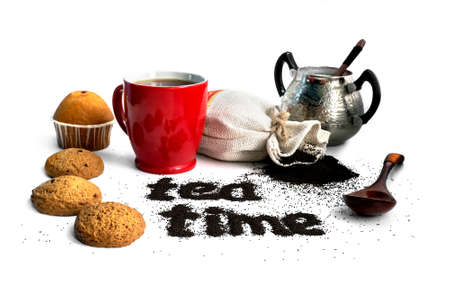 Tea time concept on white isolated background. Tea and biscuitsの写真素材