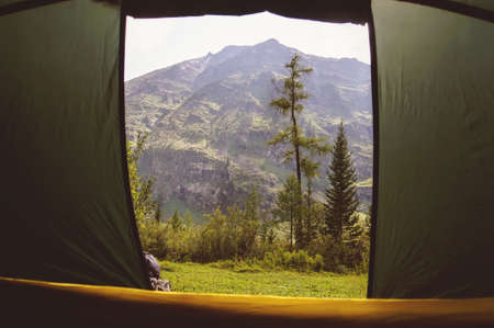 view from touristic tent to mountain valley, Siberia, Altai,の写真素材