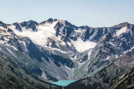 Beautiful mountain lake with turquoise Multinskoe Chita clear water in the Altai Republic Siberia Russiaの写真素材