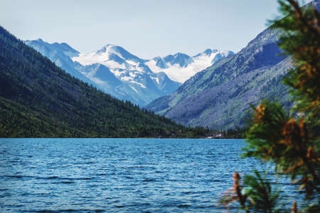 Taiga forest on the edge of the lake on a sunny day. View of the beautiful lake and mountains...
