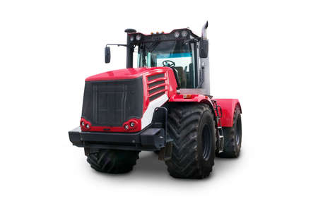 New red agricultural tractor isolated on white background With clipping path. Harvester with big wheelsの写真素材