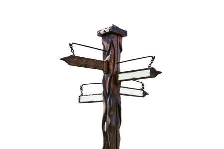 wooden arrow sign isolated on a white background. Metal arrow signs on a wooden post.の写真素材