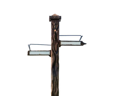 Wooden arrow sign isolated on a white background. Metal arrow signs on a wooden post.の写真素材