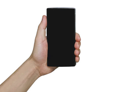 Hand holding black Smartphone with blank screen on white background