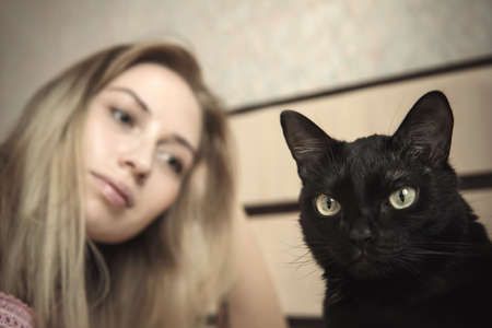 girl lying in bed with her cat. Evil is a harsh cat. Black hurt the cat. The cat was offended by his mistress. Resentment grief and frustration on the animal's face.の写真素材