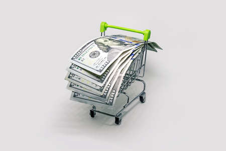 buying U.S. currency. close up dollar banknote in mini shopping cart toy, green small basket trolley. business and money Saving for shopping concept.の写真素材