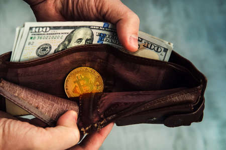 Bitcoin. Bitcoin with dollar in purse. Profit from mining crypto currencies. Miner with dollars and...