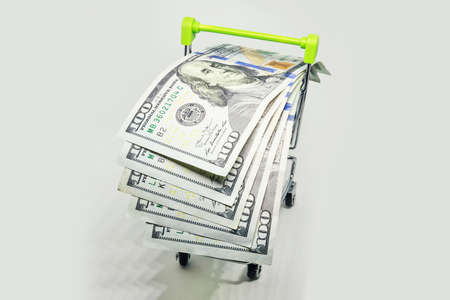 Shopping basket with dollar bank notes, bills isolated on white backgroundの写真素材