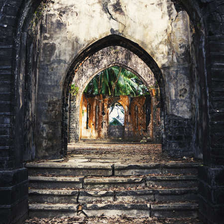 Old presbyterian church ruins Ross Island, port blair, Andaman and Nicobar India. the old abandoned staircase. Entrance to the abandoned building. dilapidated house.の写真素材