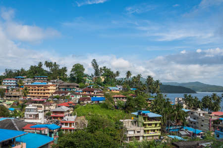 Port Blair city top view, a small island town in Southeast Asia. Coastal Indian city city. Andaman...