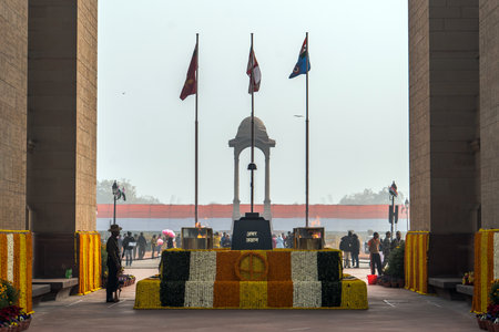 New Delhi, India, January 27, 2018 : Soldiers standing at AMAR JAWAN memorial at INDIA GATE at DELHI in INDIA.のeditorial素材