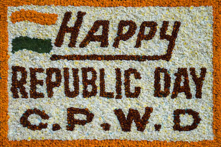 flower arrangement with words Happy Republic day. India Map, Map of india made from Flowers Petals Leaves pieces.の写真素材