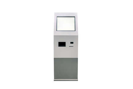 payment terminals on white background. Isolated. Grey ATM with blank screenの写真素材