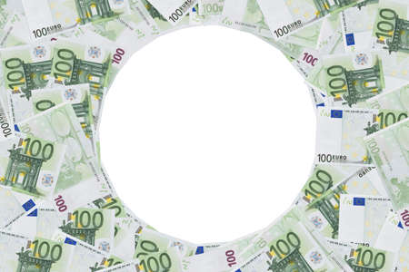 one hundred Euro Notes photo frame. Round frame made of 100 Euro banknotes. circle, round, lap, ring isolated on white background. copy space. place for text. the form, blank for design. copyspace.の写真素材