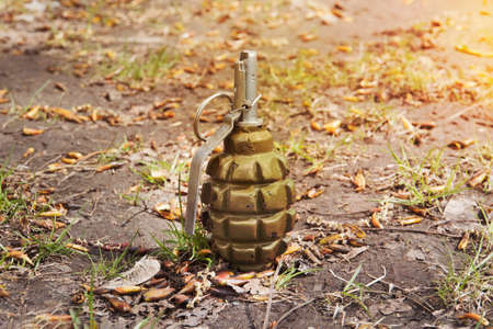 grenade lying on the ground. Hand grenade F-1. abandoned lost pomegranate greenfragmentation grenade.の写真素材