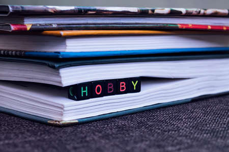 hobby inscription in the book. the concept of reading and love of books.