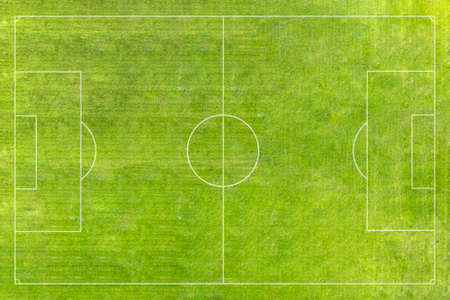 a real soccer field, football field. Green grass. green striped lawn. White markings on the grassの写真素材