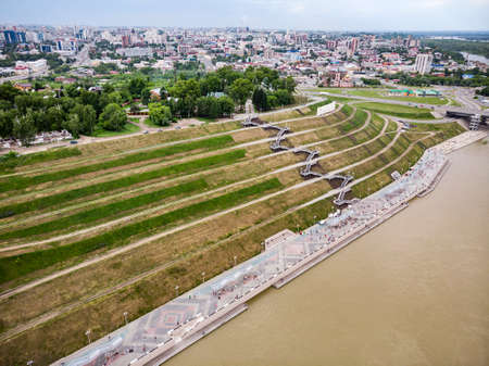 Barnaul, Russia. Description of Barnaul at the entrance to the city. Highland Park and a new embankment is the top view in summerの写真素材