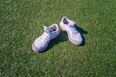 white sneakers on green grass. Space for editorial use.の写真素材