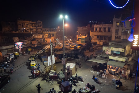 Busy Indian Street Market in New Delhi, India. Night Main Bazaar top viewのeditorial素材