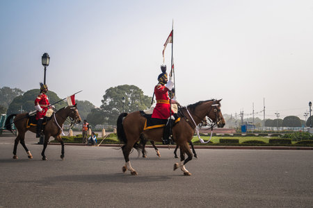 Cavalry parading down the Raj Path in preparation for Republic Day Parade, New Delhi, India, 26 January 2018のeditorial素材