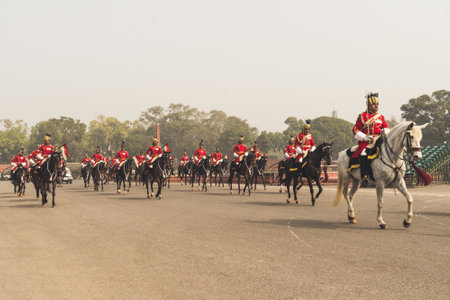 Soldiers practice for the Republic day parade on horses in New Delhi, India. January 26, 2018 in Delhi, India.のeditorial素材