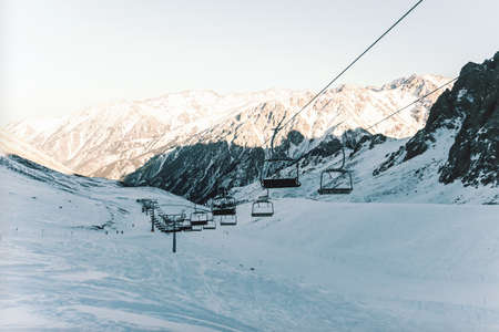 ski resort Shymbulak, Kazakhstan, Almaty, gondolas. cable car in the mountains. retro photo tintingの写真素材