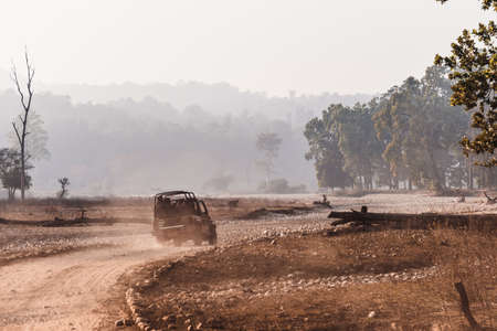 Open-top car on the field road. Competition off road and rough terrain. The Safari vehicles on the background of autumn road and the steppe. field roadの写真素材
