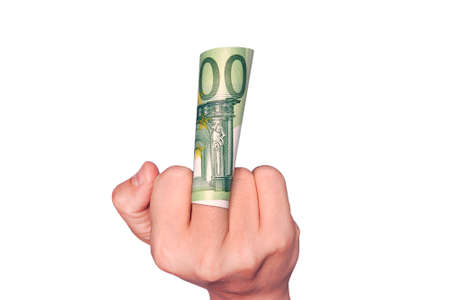 Rude male giving money and showing middle finger isolated on white background. The man with the money. To show the middle finger. Brutal angry gesture. Rude, sarcastic. To give or take bribe bribeの写真素材